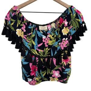 Lucy Love Black Floral Shimmy Top Off the Shoulder Tassel Tank Top Size Small